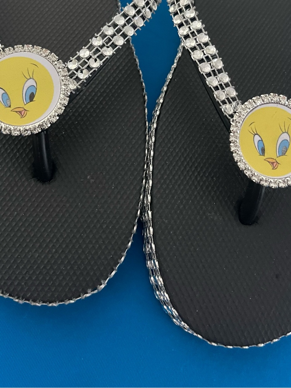 Tweety Rhinestone Black Flip Flops